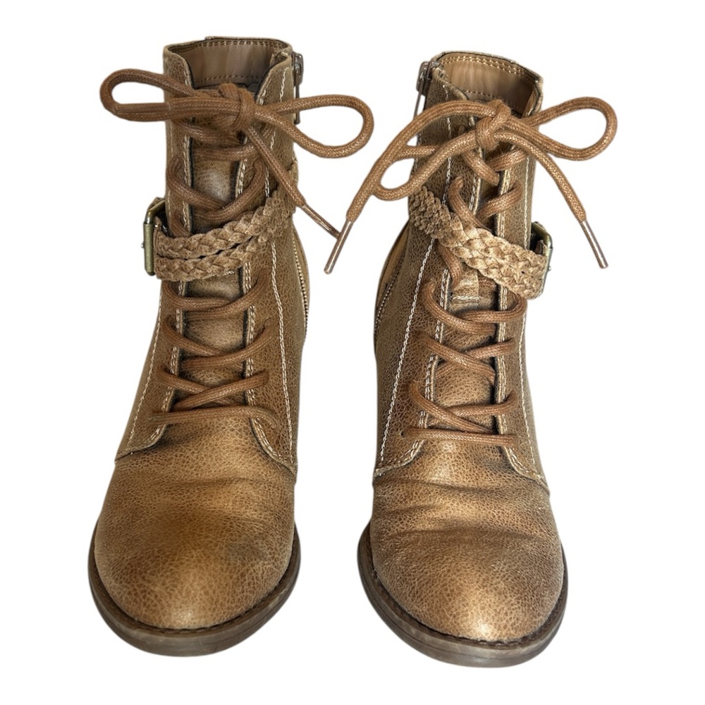 Roxy Brown Combat Ankle Boots with Braid Detail and Side Zipper, 6.5